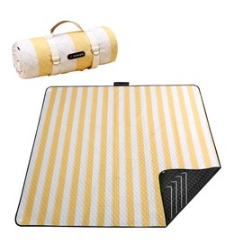 HX&OD Outdoor Picnic Blanket Extra Large, 80''*60'' Waterproof Picnic Mat with Stakes Foldable Camping Blanket Portable with Carry Strap for Beach Mat (Yellow& White, 80''*60'')
