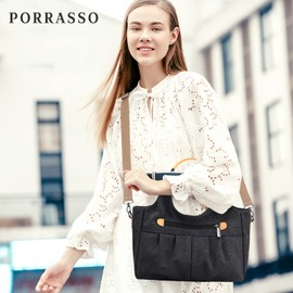 PORRASSO Casual Crossbody Bag Canvas Handbag Women Shoulder Bag Multi-Pocket Satchel Ladies Messenger Bag for Work Dating Travel Daily Use Black