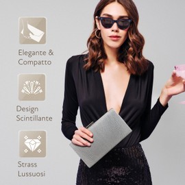 MICHELLE MOON Women's Small Elegant Evening Bag Clutch Gold for Wedding, Party and Special Occasions Women's Handbag with Removable Shoulder Chain, Silver - 1259, S