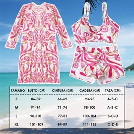 AUTOWT Traje de Baño Bikini para Mujer, 3 Piezas Conjunto de Braguita Bikini con Relleno Ajustable, Short y Camiseta de Protección Solar, Bañador Swimwear para Playa Surf Fiesta Piscina Nadar