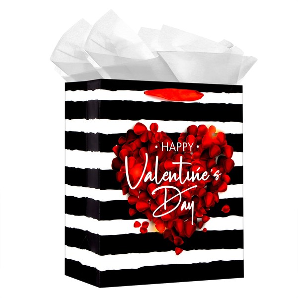 WaaHome Happy Valentines Day Gift Bag with Handle 13''x10.5''x5.8'' Large Red Rose Gift Bags with Tissue Paper, Romantic Valentines Gift Bags for Her Him Girlfriend Boyfriend Wife Husband Women