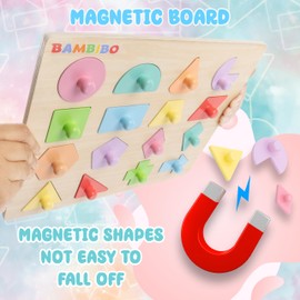 Bambibo Wooden Shape Puzzles for Toddlers | 16 Magnetic Shapes with Colorful Knobs | Baby Puzzle Pastel Toys | Montessori Toys | Wooden Peg Puzzles for Kids | Learning Toys for Kids Ages 1 2 3 4 5