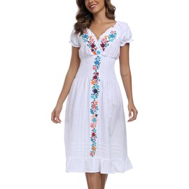 2025 Mexican Dress for Women Linen Dress Embroidered Dress Summer Casual Bohemian Dress Short Sleeve Floral V Neck Wedding Red Dress (XL, E34WBL)