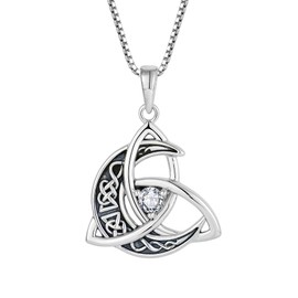 Raymard Trinity Celtic Knot Moon Necklace for Womens, 925 Sterling Silver Round Birthstone Pendant, Irish Celtic Jewelry for Women-Cubic zirconia