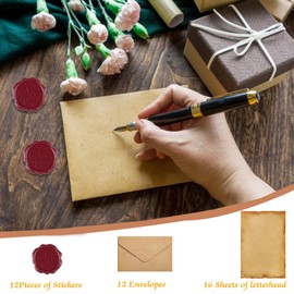 Set of 40 Vintage Paper Envelopes, Letter Paper Set, Vintage Letter Paper with Envelope Set with 12 Kraft Paper Envelopes, 16 Writing Paper and 12 Wax Seal Stickers, for Wedding, Birthday