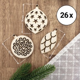 MCE-Commerce A550126 Christmas Hangers, Christmas Tree Decorations, Pack of 26, 6 cm, Wood, Natural, 6-7 cm
