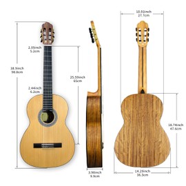TARIO 39 Inch Classical Guitar Full Size Acoustic Guitar Spruce top Ovangkol back and sides Okoume neck laurel fingerboard
