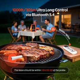 INKBIRD Mini Wireless Meat Thermometer, Bluetooth 5.4,1000ft/305m Ultra Long Connection, 60 Min Offline Data Storage, IP67 Waterproof, White LED Display, Ideal for BBQ, Grill, and Smoker
