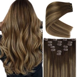 Ve Sunny 12inch Clip on Hair Extensions Human Hair Balayage Clip in Extensions Human Hair Ombre Dark Brown Roots Caramel Blonde Balayage Clip in Extensions for Short Hair 5pcs 80g