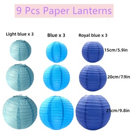Paper Lantern Party Decoration, Multi-Coloured Party Ball Lantern Lights, Suitable for Home Party, Wedding Party, Baby Birthday Party Decoration, Set of 9 (Light blue,blue,royal blue)