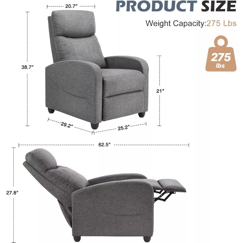 JHK Gray Adjustable Recliner Sofa Home Recliner Massage Reclining Fabric