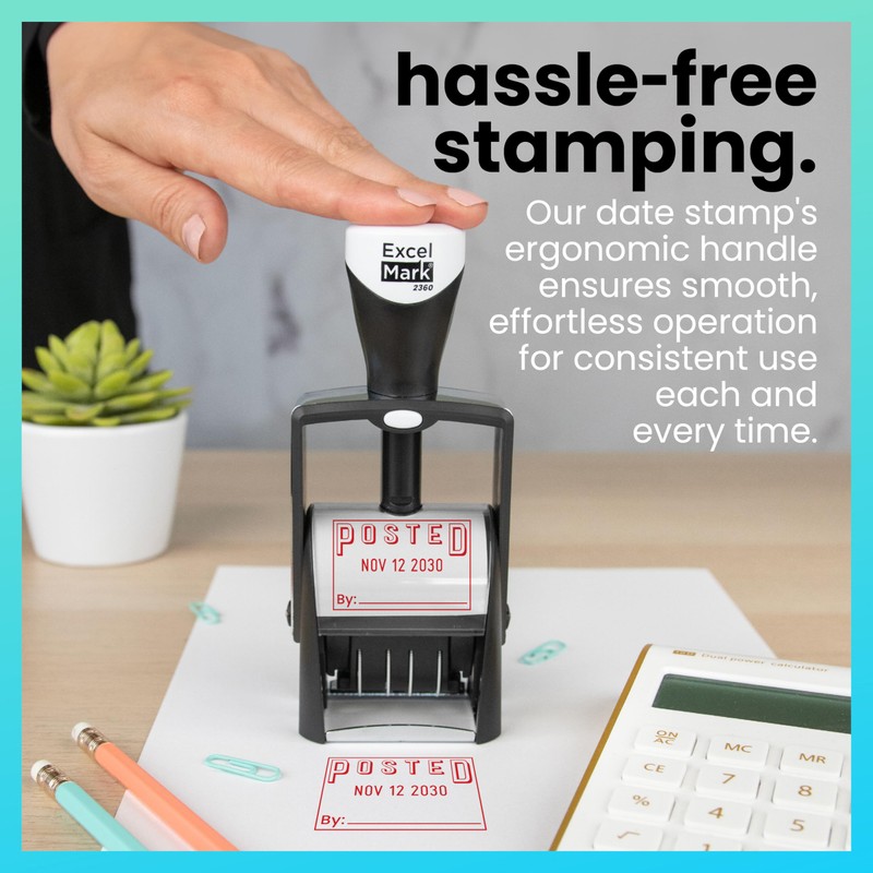 ExcelMark Heavy Duty Self-Inking Date Stamp (Red, Posted)
