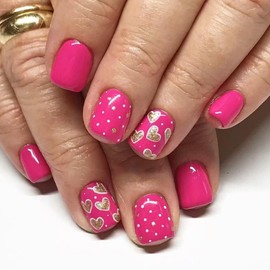 Gold Glitter Heart Press on Nails Short Square Valentine's Day Fake Nails Glossy Pink Acrylic Glue on Nails Romantic Valentines Stick on Nails for Women