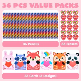 JOYIN 36 Packs Valentines Rainbow Pencil, with Animal Head Greeting Cards and Erasers for Kids Party Favors, Assorted Gift Classroom Prize Supplies