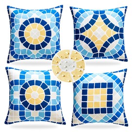CARRIE HOME Blue Summer Outdoor Pillow Covers Waterproof 18x18 Set of 4, Summer Themed Party Decorations Swimming Pool Chair Pillow 18 x 18, Fade Resistant Waterproof Outdoor Pillows for Patio Porch