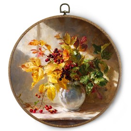 BitKAM Vintage Farmhouse Fall Round Wall Art Decor, Retro Autumn Botanical Canvas Prints Framed, Rustic Fall Wall Hanging Decorations for Kitchen Dining Room Home Bedroom, 10x10 Inch Wall Sculptures