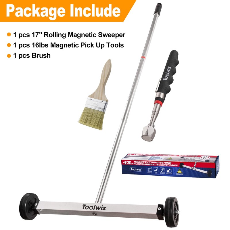 Toolwiz 17" Rolling Magnetic Sweeper 8.8lbs, with 16 lbs Telescopic