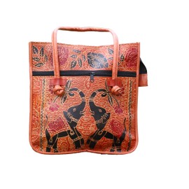 Lonika Vintage Tote Bag for Women, Ladies Leather Tote Shoulder Bag Elephant Ethnic Handbag Purse Big Large Orange