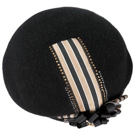 LIERYS Asania Wool Basque - Black Hat - Elegant Winter Hat - Plain with Rhinestones and Leather Look Piping - Made in the EU - Women - Autumn/Winter, black
