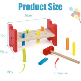 Wooden Hammer Bench, Montessori Toys for 1 2 3 and 4 Year Old, Developmental Toy Motor Skills Gift for Boys Girls