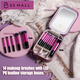 BS-MALL Makeup Brushes Set 14 Pcs with LED Light Mirror – Premium Cosmetic Tools for Flawless Beauty Routines (Purple)