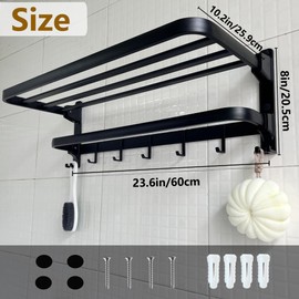 24in Black Towel Racks Shelf for Bathroom, Foldable Wall Mounted Towel Storage with 9 Towel Hooks, Modern Rustproof Towel Holder with Shelves, Towle Rail Hanger for Hotel Dorm Restroom RV Gym Toilet