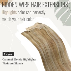 Sunny 120g Wire Hair Extensions Blonde Clip in Hair Extensions Human Hair with Transparent Wire Strawberry Blonde Highlights Bleach Blonde Fish Line Hair Extensions 18 Inch