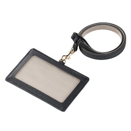 Corale Women's Genuine Leather Horizontal ID Case ID Card Holder with Safety Device Neck Strap (Black)