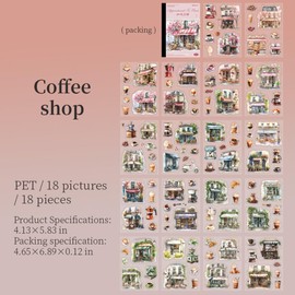 Scrapbooking Accessories Stickers, Bullet Journal Sticker PET Scrapbook Sticker Set, Flowers and Landscape Building Sticker Decoration for Photo Album, Calendar, Journaling, Painting (Coffee Shop)
