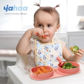 yahaa Toddler Plates Travel Essential on the go,Baby Plates with Forks and Spoons Self Feeding 6 months,Foldable,Silicone,BPA Free,Watermelon