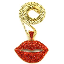 GWOOD Kissing Lips with Red Crystal Rhinestones 24 inch Necklace Gold Color