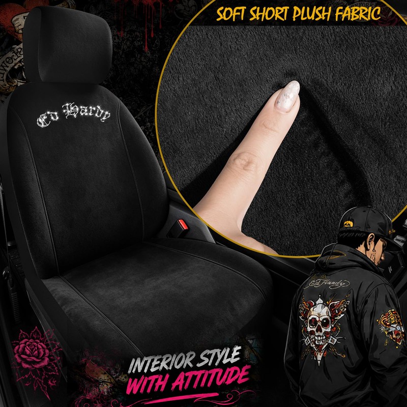 ED HARDY Car Seat Covers, Black Soft Short Plush &