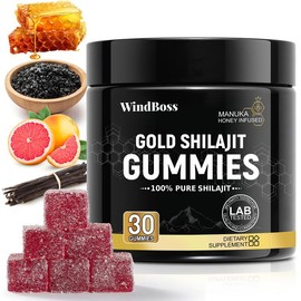WindBoss Organic SHILAJIT Gummies | Organic Pomegrenate Oil Flavor | Cane Sugar Free, Sweetened by Organic Manuka Honey | Clean Formula | Heart & Brain, Cellular Health 30 Healthy Gummies - size: Pack of 4