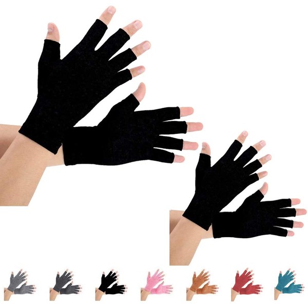 2 Pairs Arthritis Compression Gloves for Arthritis Pain Relief, Rheumatoid, Osteoarthritis and Carpal Tunnel for Men and Women, Fingerless for Typing (Pure Black, Large)