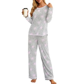 PrinStory Women's Pajama Set 2024 Lounge Sets Long Sleeve Sleepwear Soft 2 Piece Pjs with Pockets FP-Pink Star-XL