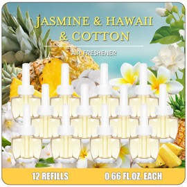 Plug In Air Freshener Refills for Home – Jasmine, Hawaiian, Cotton Scent, 12 Count, 7.92 Fl Oz, Compatible with Air Wick & Glade, Not for Glade Plus, Scented Refill for Home, Bathrooms, Bathroom Use