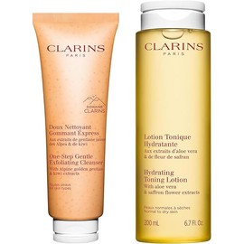 Clarins Hydrating Toning Lotion and One-Step Gentle Exfoliating Cleanser Bundle | Alcohol-Free Toner for Normal to Dry Skin | 3-in-1 Cleanser, Makeup Remover & Exfoliating Cleanser for All Skin Types
