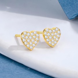 Epoch World 4 Pairs 925 Sterling Silver Love Heart Gold Stud Earrings with Cubic Zirconia Cartilage Sleeper 925 Silver Earrings Gold Heart Studs Hypoallergenic Jewellery For Women and Girls