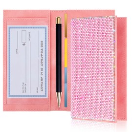 Glitter Pink Pearl Diamond Checkbook Cover for Personal Checkbook with Duplicate Checks Bling Sparkly Rfid Blocking PU Leather Register Wallet with Divider Women Wedding Party Bride Pearl Evening Bag