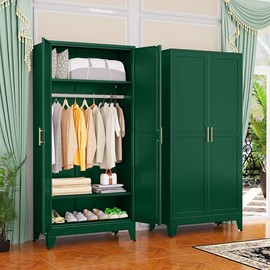 GEITIN Metal Wardrobe Cabinet with Hanging Rod, 71" Metal Clothing Storage Cabinets with 2 Doors and Adjustable Shelves, White Armoire Wardrobe Closet for Bedroom, Laundry Room, Cloak Room mothersdaygift - Color: Green