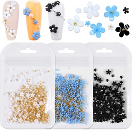 3D Flower Nail Charms, 3Bags 3D Acrylic Flower Nail Rhinestone with Silver Gold Caviar Beads Black White Blue Spring Nail Art Design Manicure DIY Nail Decoration for Women Girls