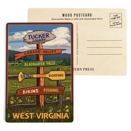 Tucker County, West Virginia, Destination Signpost (4x6 Birch Wood Postcards, 2-Pack Stationary, Rustic Home Wall Decor)