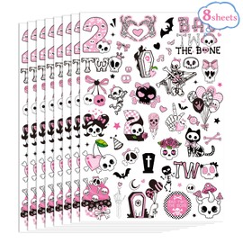 Bad 2 Skull Bone Temporary Tattoos - 300+ Bad 2 Skull Bone Party Decorations Girl Cute Pink Black Skull Tattoo Stickers for Girls Kid 2nd Birthday Party Favors Supplies Born to Rock Music Themed Decor