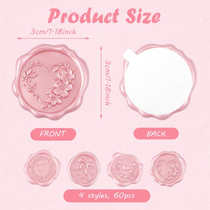 60 Pcs Wax Seal Stickers, Blush Pink, 4 Heart Styles