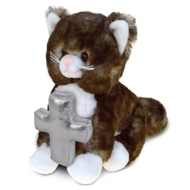 DolliBu Brown Cat Stuffed Animal with Silver Cross Plush - Religious Baptism Gifts for Boys and Girls, Dedication Christening Gifts Plush Prayer Toy Healing Stuffed Animal - 7 Inches