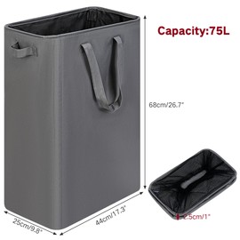 efluky Slim Laundry Basket, Narrow Laundry Hamper with Handles, Collapsible Dirty Clothes Hamper, Tall Laundry Bin for Laundry Room, Dorm and Bedroom, 19.8 Gallon (75L) Grey