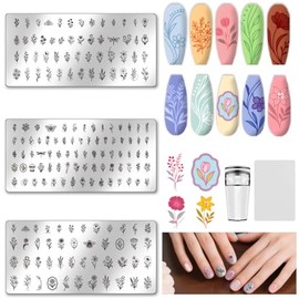 UNICRAFTALE 3Pcs Nail Stamp Plates Set Stencils Stainless Flower Leaves Stamping Plate Templates Image Nail Stencils Nails Art Plates with Stamp and Spacer for DIY Women Nailing Design Tools