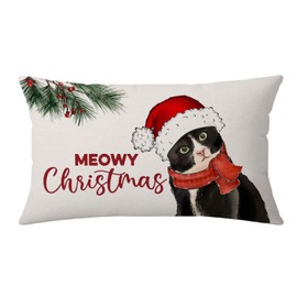 AOFANGGO Christmas Pillow Cover 12x20 inch Cat with Hat Meowy Xmas Throw Pillow Winter Holiday Decorations Farmhouse Rustic Cushion Cover for Bed Chair Sofa Couch Rectangle