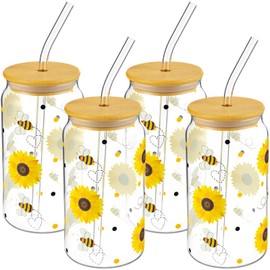 Yetene 4 Sets Bee Glass Cups for Bee Lover 16 oz Clear Honey Sunflower Glass Cups with Bamboo Lids and Straws Cute Birthday Cup Gifts for Women, Mom, Friends, Bestie, Sister, Coworker