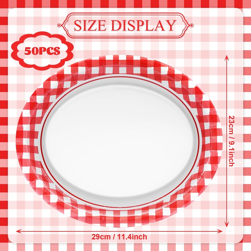 PhyLence 50 Pcs Red Gingham Oval Paper Plates – 9"
